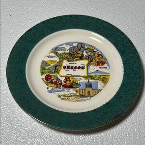 Homer Laughlin Oregon Souvenir Plate with Teal and Multicolor Design